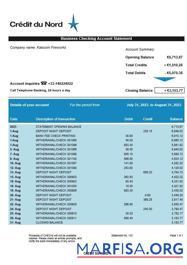 Realistic Crédit du Nord enterprise account statement Word and PDF template